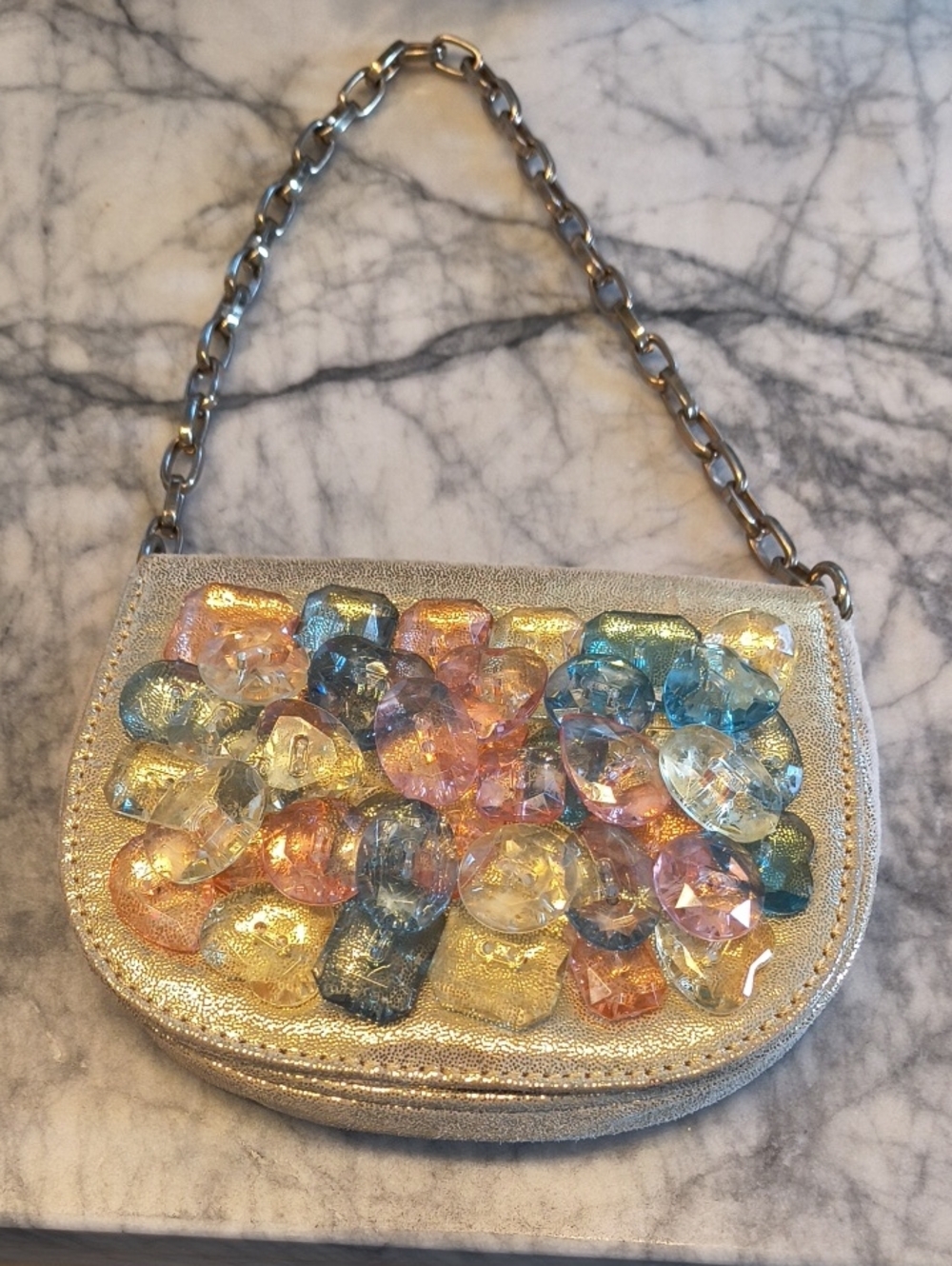 Deux Lux Metallic Gold Mini Clutch with Multicolor Acrylic Fake Plastic Gems